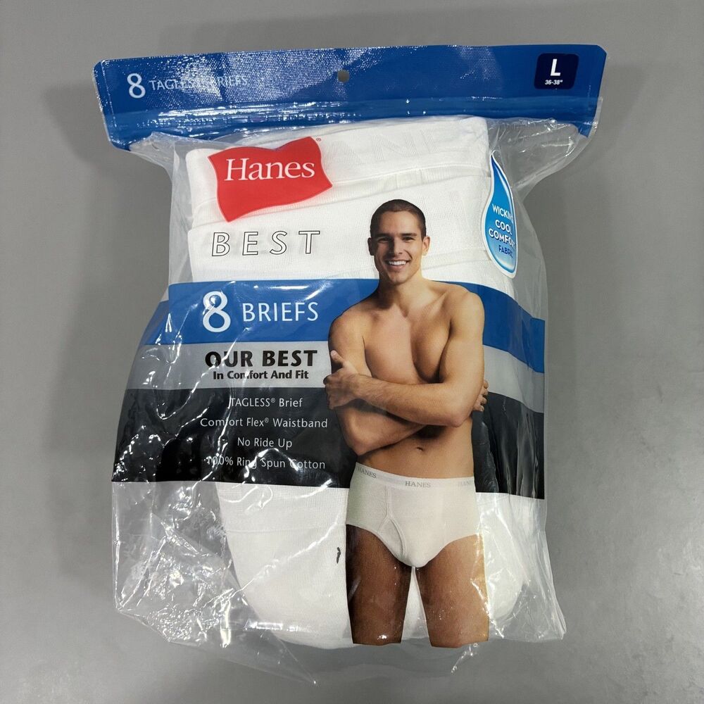 New 8 Pack Hanes Mens Best Comfort Flex Tagless White Briefs Size Large 36”- 38”